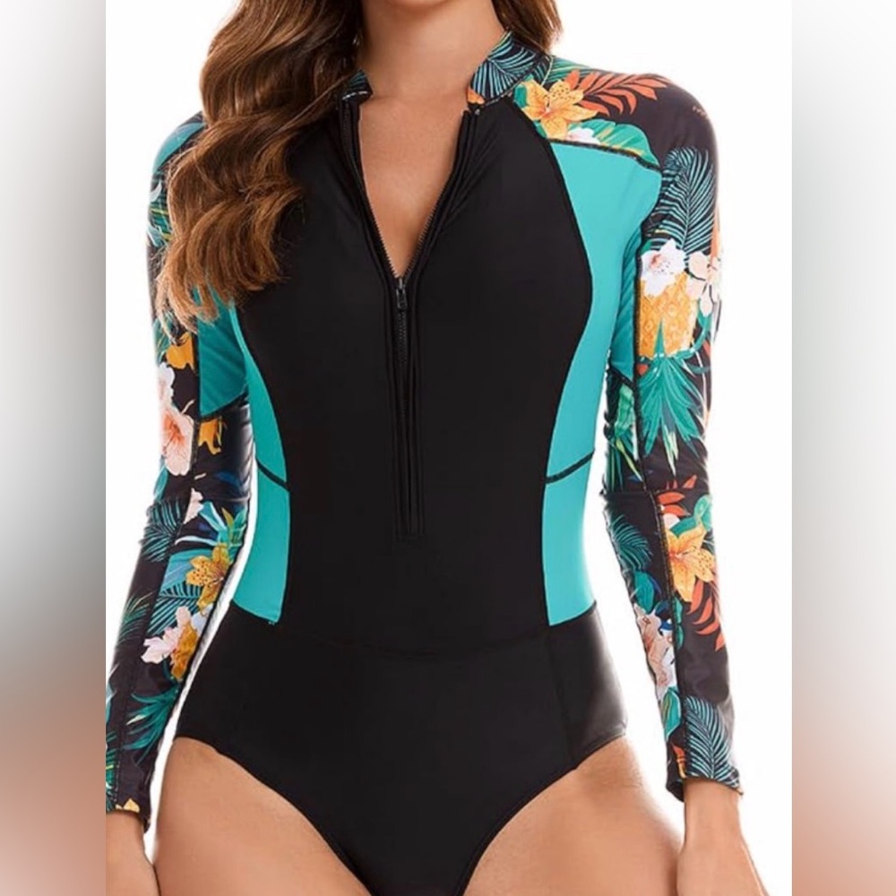 Long Sleeve Black & Teal Floral One-Piece Swimsuit